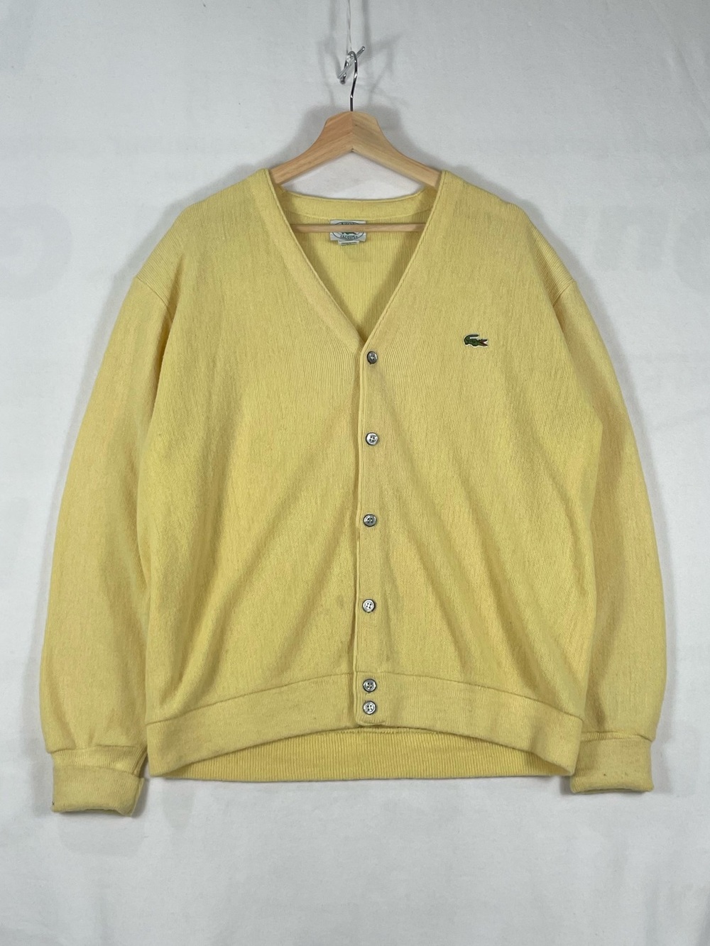 Vintage Izod Lacoste Acrylic Yellow Cardigan Button Made In USA STAINED Sz L